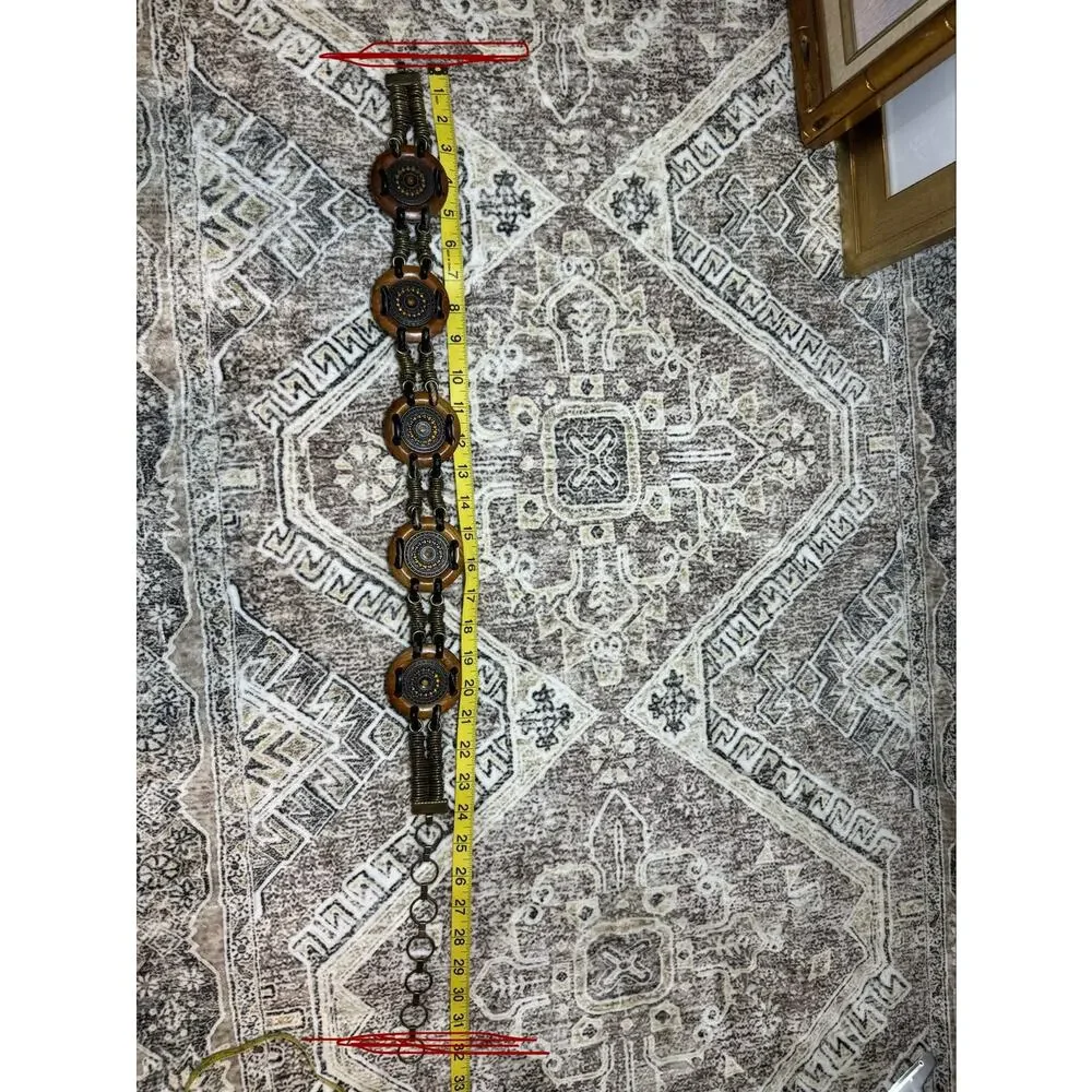 Late 70s Wood, Leather, Brass Wire Western Boho / Folk-Revival Belt
